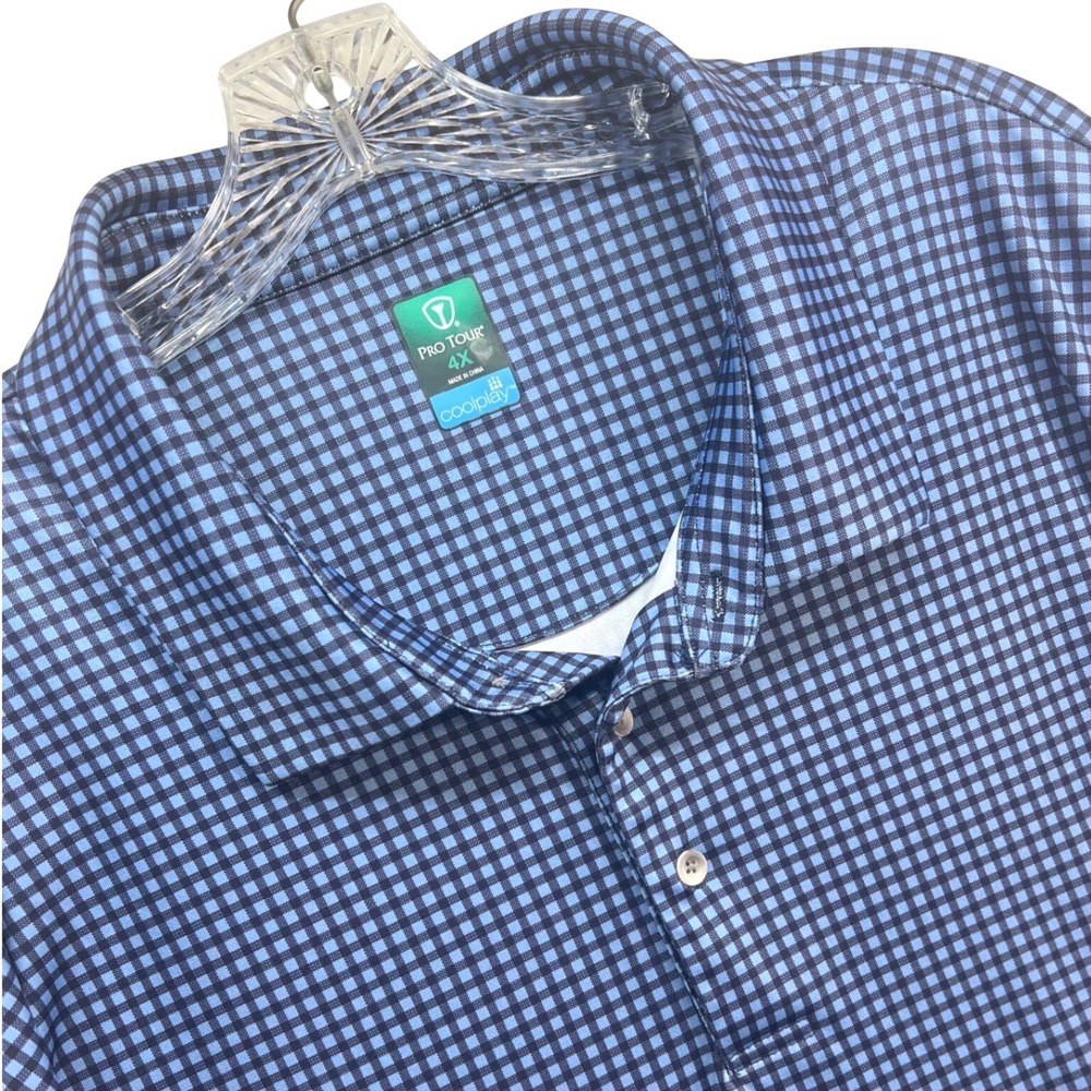 Pro Tour Coolplay Mens 4X Gingham Polo Shirt Blue Check Short Sleeve Golf Top